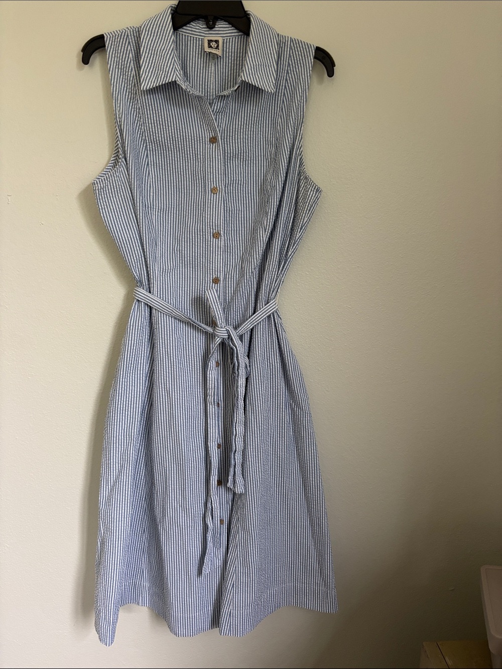 Anne Klein Sleeveless Blue & White Striped Tie-Waist Shirt Dress
